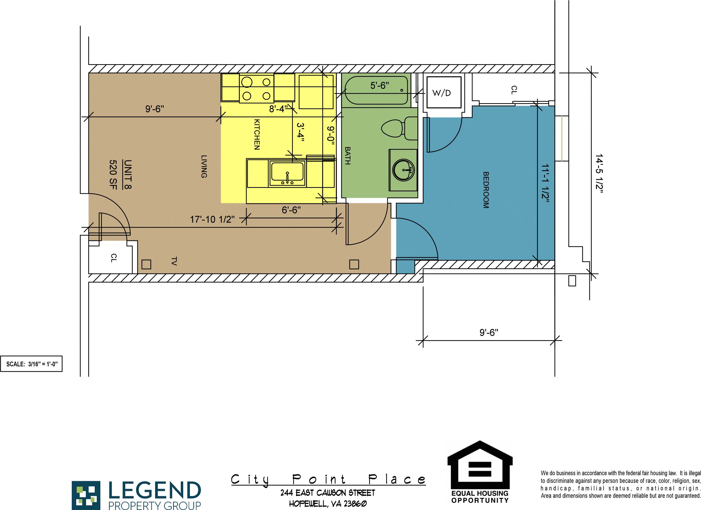 Floor plan for 1 bed, 1 bath, 520 sqft